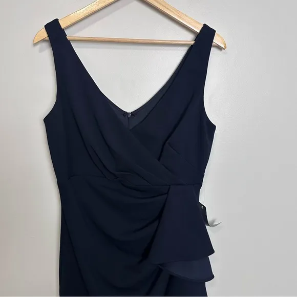 Betsy &amp; Adam “Candace” V-Neck Cascade Ruffle High-Low Gown Dress Navy A24829