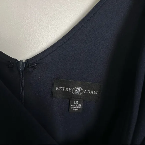 Betsy &amp; Adam “Candace” V-Neck Cascade Ruffle High-Low Gown Dress Navy A24829