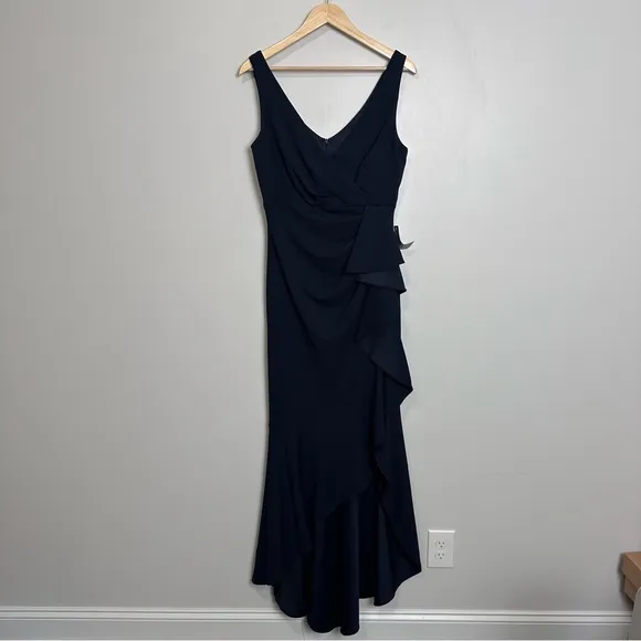 Betsy &amp; Adam “Candace” V-Neck Cascade Ruffle High-Low Gown Dress Navy A24829