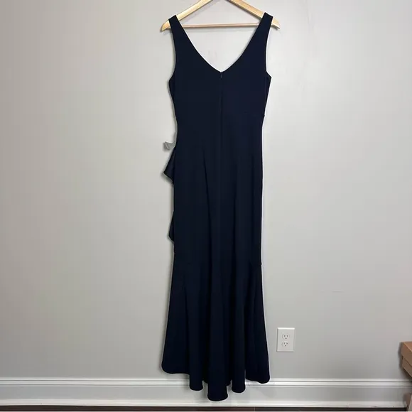 Betsy &amp; Adam “Candace” V-Neck Cascade Ruffle High-Low Gown Dress Navy A24829
