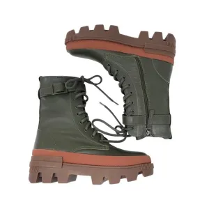 Bibi Lou Lace-Up Ankle Boots Combat Booties Lug Sole Leather Green Size 38 US 7