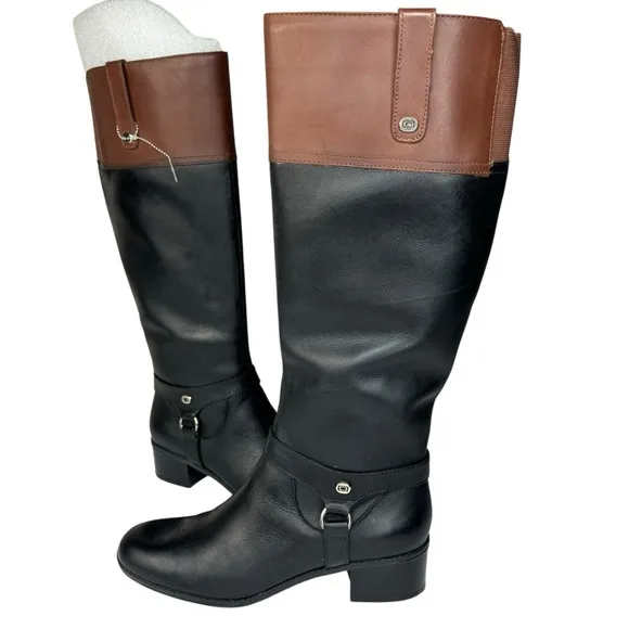Black &amp; Brown Leather Knee Boots Bandalino Zipper 2” Block Heels Worn Once Only