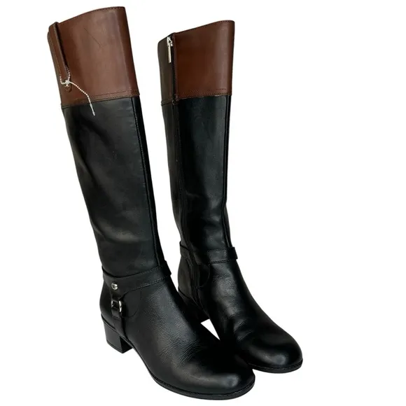 Black &amp; Brown Leather Knee Boots Bandalino Zipper 2” Block Heels Worn Once Only