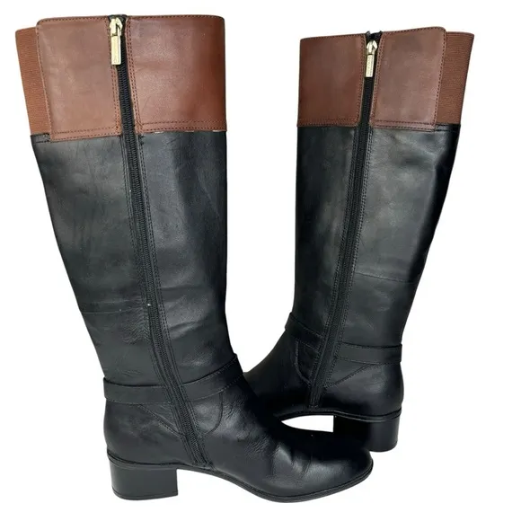 Black &amp; Brown Leather Knee Boots Bandalino Zipper 2” Block Heels Worn Once Only