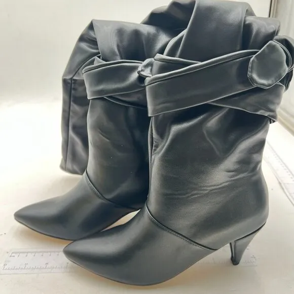 Black Bow Pointed Toe Knee High Long Boot Pull On High Heels Boot Dress Shoes