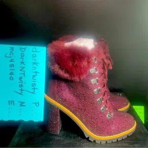 BNIB INTERNATIONAL CONCEPTS RHINESTONE BURGUNDY FUR CUFF ANKLE BOOTS GORGEOUS!