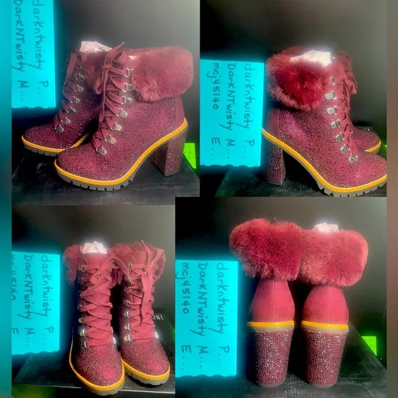 BNIB INTERNATIONAL CONCEPTS RHINESTONE BURGUNDY FUR CUFF ANKLE BOOTS GORGEOUS!