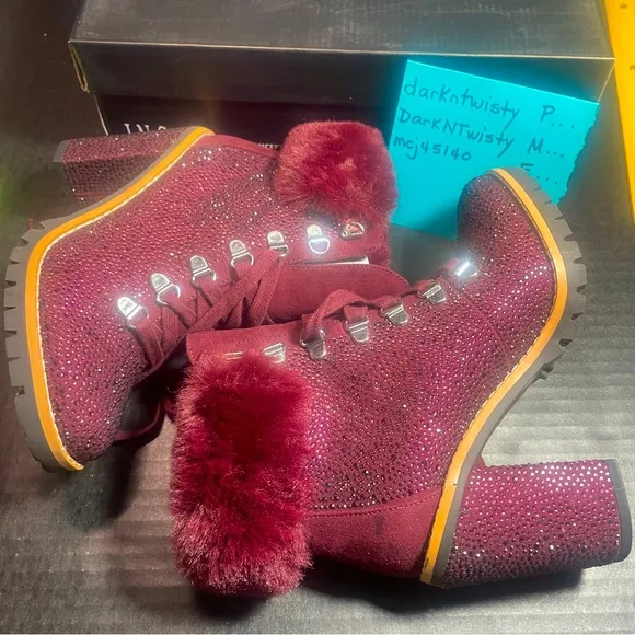 BNIB INTERNATIONAL CONCEPTS RHINESTONE BURGUNDY FUR CUFF ANKLE BOOTS GORGEOUS!