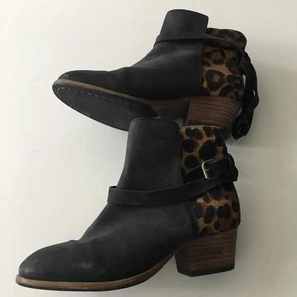 Boden Heeled Ankle Boots Side Zip Up Leopard Print Black Leather Womens …‎