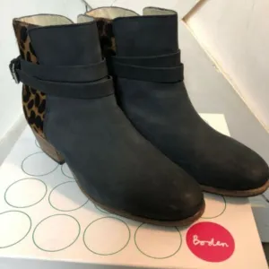 Boden Heeled Ankle Boots Side Zip Up Leopard Print Black Leather Womens …‎