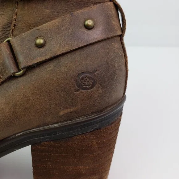 Born Derica Womens Size 8 Brown Leather 3&quot; Heel Buckle Ankle Booties Boots Shoes