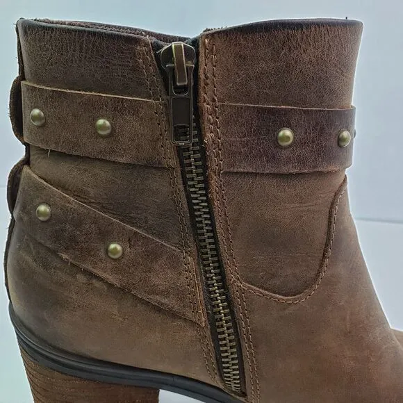 Born Derica Womens Size 8 Brown Leather 3&quot; Heel Buckle Ankle Booties Boots Shoes