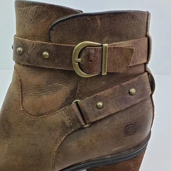 Born Derica Womens Size 8 Brown Leather 3&quot; Heel Buckle Ankle Booties Boots Shoes