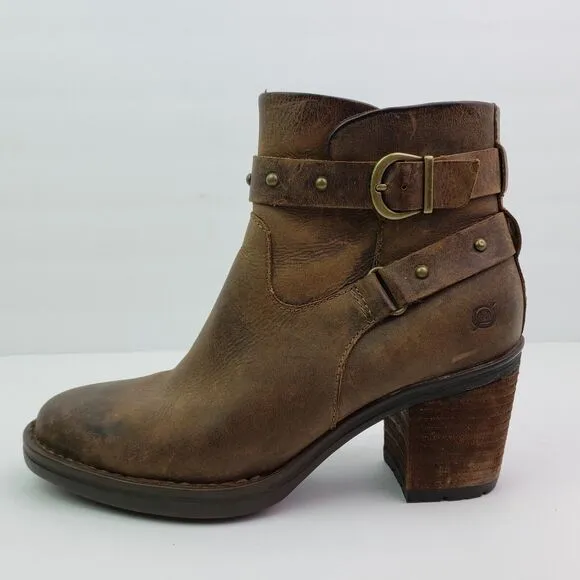 Born Derica Womens Size 8 Brown Leather 3&quot; Heel Buckle Ankle Booties Boots Shoes