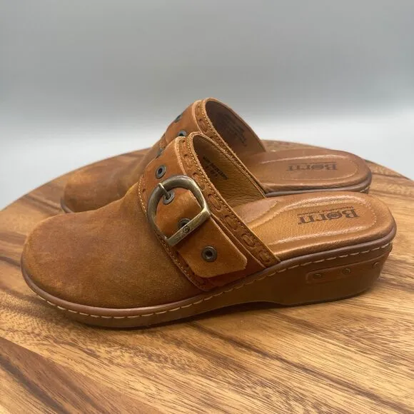 Born Mules Womens Size 9 M Brown Suede Leather Buckle Clogs Comfort
