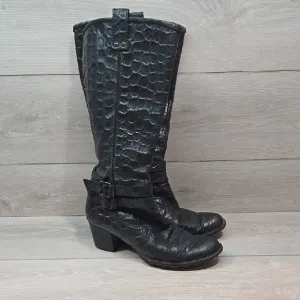 Born Women Tall Black Crocodile-Embossed Knee-High Boots Shoes Sz 9