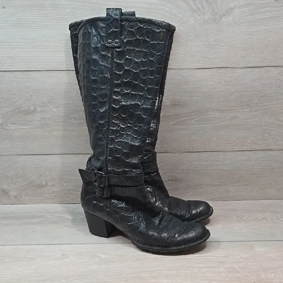 Born Women Tall Black Crocodile-Embossed Knee-High Boots Shoes Sz 9