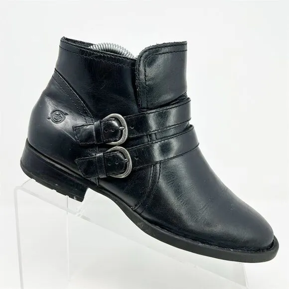 Born Women's Black Leather Ankle Booties Size 7.5 Casual Zip Buckle
