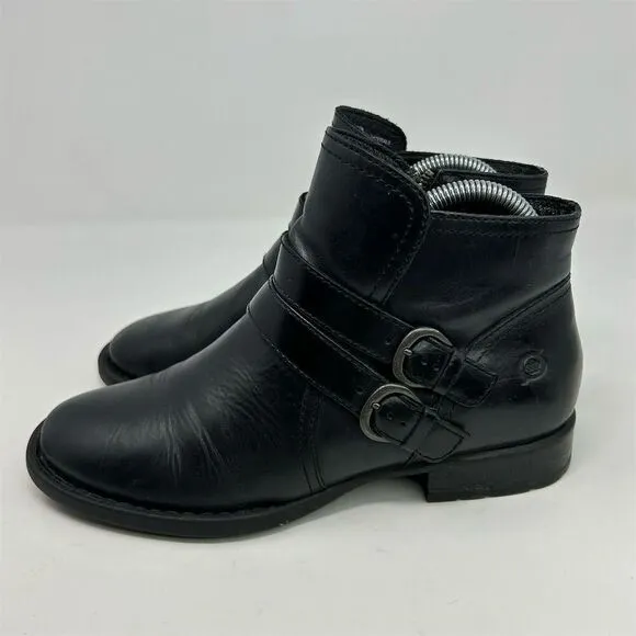 Born Women's Black Leather Ankle Booties Size 7.5 Casual Zip Buckle