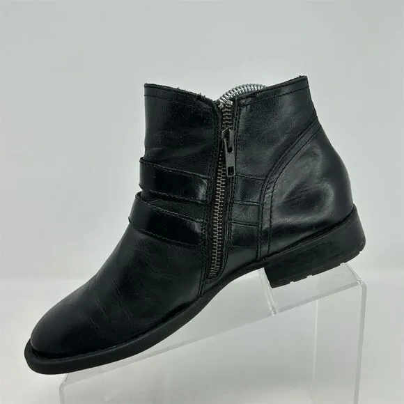 Born Women's Black Leather Ankle Booties Size 7.5 Casual Zip Buckle