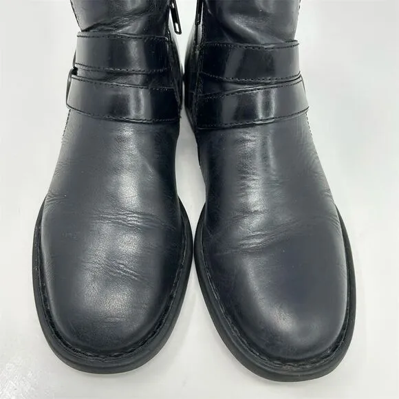 Born Women's Black Leather Ankle Booties Size 7.5 Casual Zip Buckle