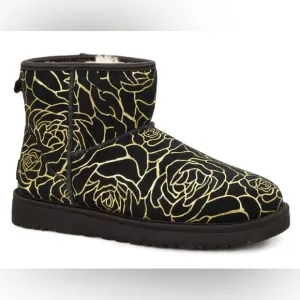BRAND NEW UGGs Women’s Classic Mini Rosebloom Black UGG Boots with Gold Roses