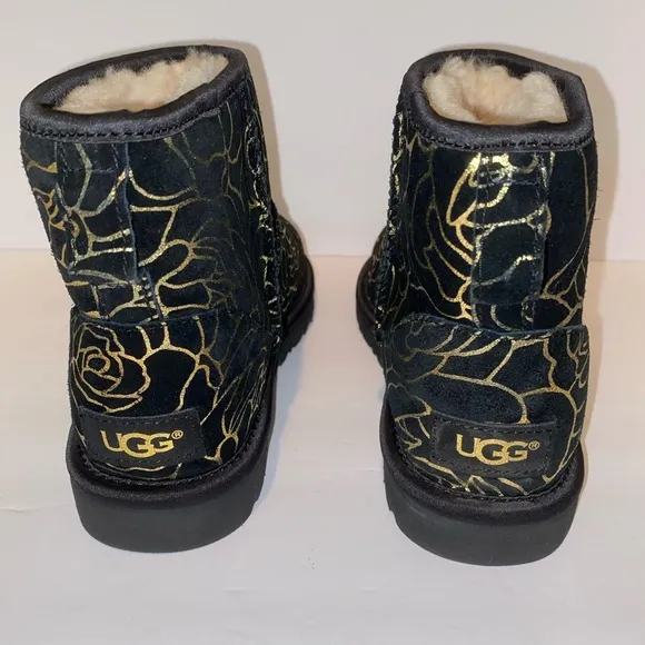 BRAND NEW UGGs Women’s Classic Mini Rosebloom Black UGG Boots with Gold Roses