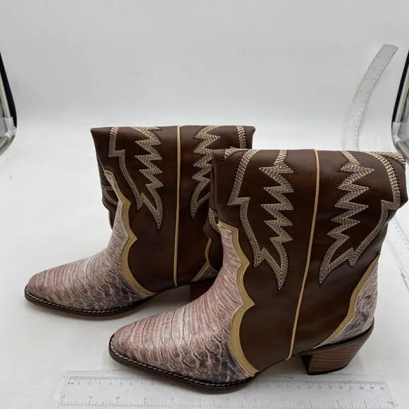 Brown Cowboy Boots for Women Cowgirl Mid Calf Boots Square Toe Chunky Heel Boots