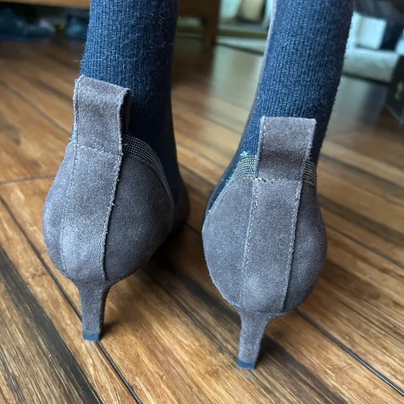 Brunello Cucinelli Suede Chelsea Khaki Ankle Boots with Kitten Heel