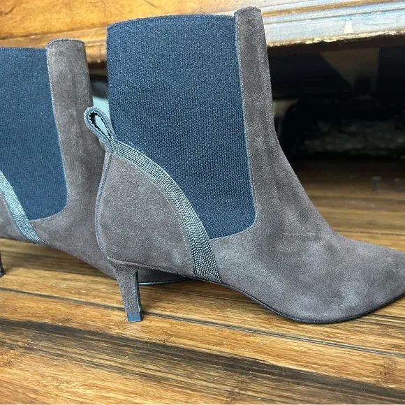 Brunello Cucinelli Suede Chelsea Khaki Ankle Boots with Kitten Heel