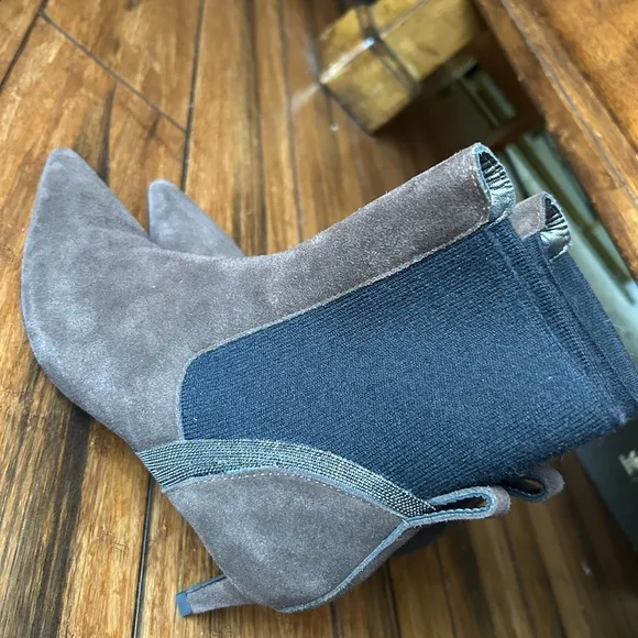 Brunello Cucinelli Suede Chelsea Khaki Ankle Boots with Kitten Heel