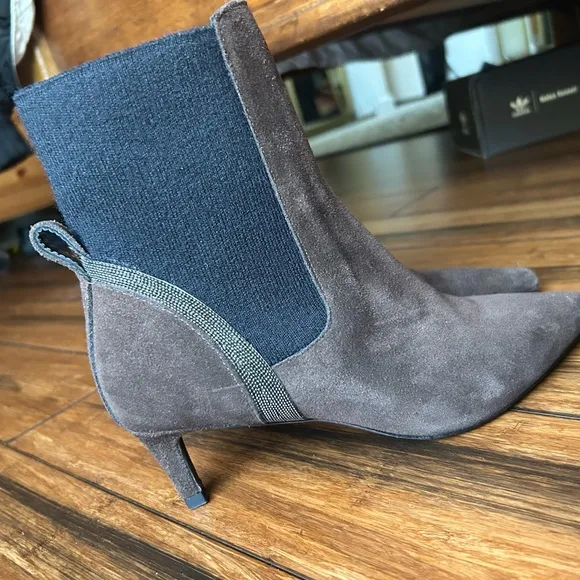 Brunello Cucinelli Suede Chelsea Khaki Ankle Boots with Kitten Heel