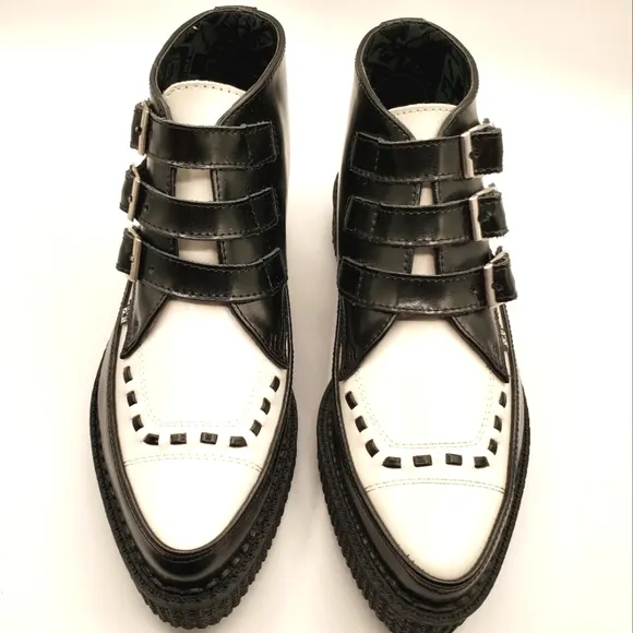 Buckle Creeper Boots Black White Leather TUK NIB