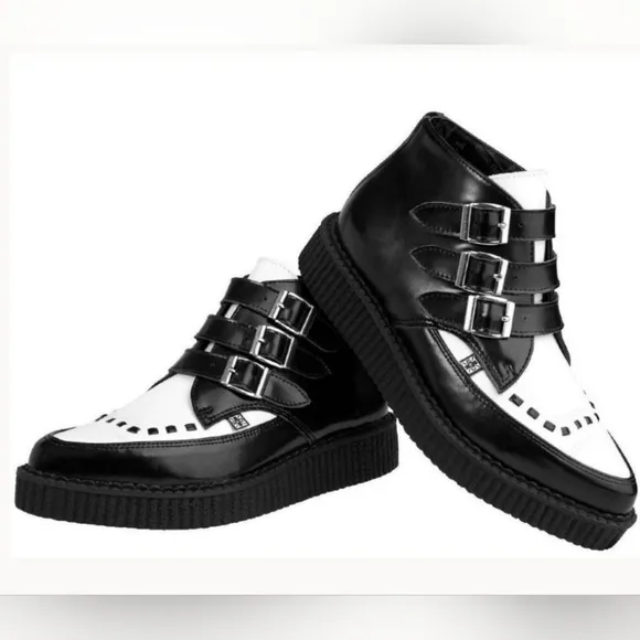 Buckle Creeper Boots Black White Leather TUK NIB