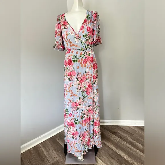 BYTIMO Summer Of Love Floral Long Wrap dress in Blue Dream