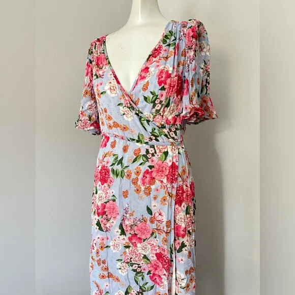BYTIMO Summer Of Love Floral Long Wrap dress in Blue Dream