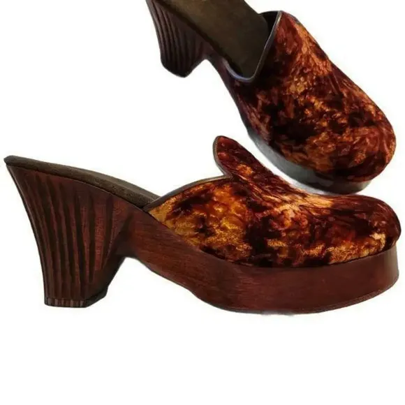 CALLEEN CORDERO Womens Velvet Wooden Clogs Mules Designer Handmade Size 9.5