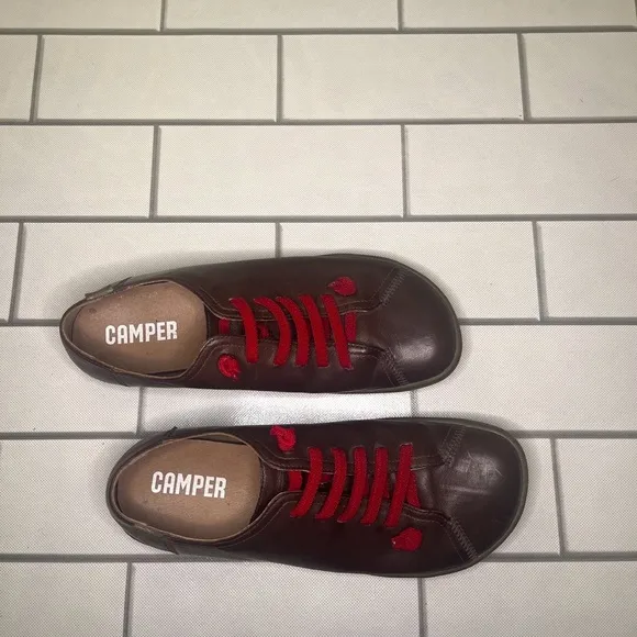 Camper Brown and Red Casual Sneakers with Suede Upper and Rounded Toe
