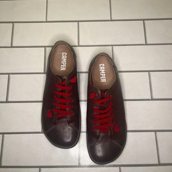 Camper Brown and Red Casual Sneakers with Suede Upper and Rounded Toe
