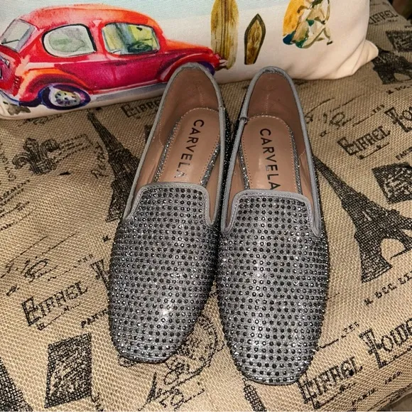 Carvela Gray Crystal Rhinestone Embellished Loafers Shoes