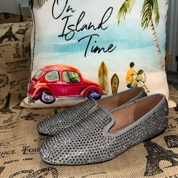 Carvela Gray Crystal Rhinestone Embellished Loafers Shoes