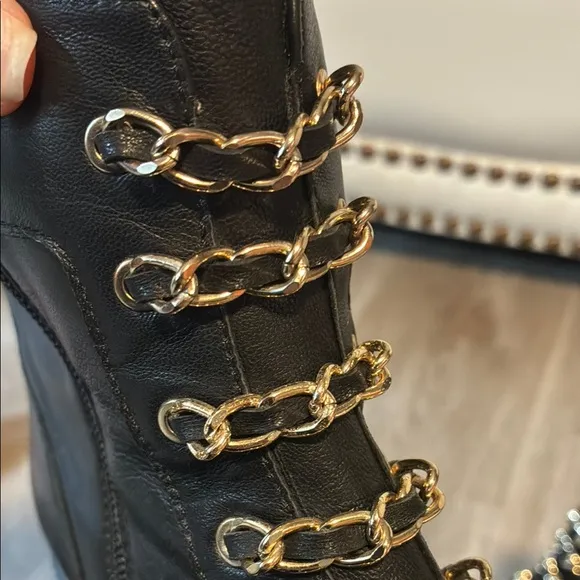 CECELIA NEW YORK Black and Gold Combat Boots with Rugged Design