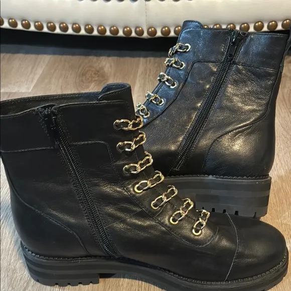 CECELIA NEW YORK Black and Gold Combat Boots with Rugged Design