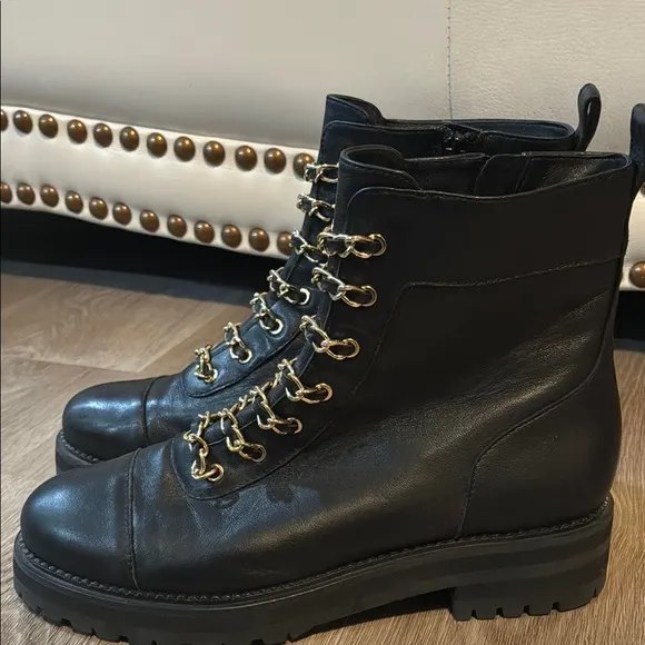 CECELIA NEW YORK Black and Gold Combat Boots with Rugged Design