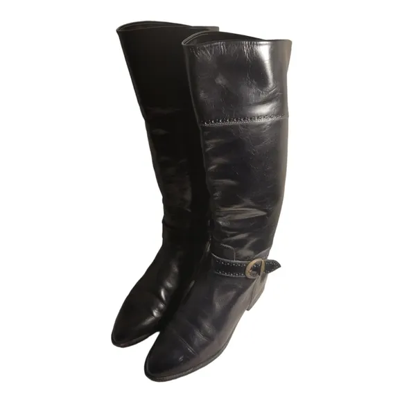 Charles David Size 5.5 B Black Leather Buckle Strap Tall Boots