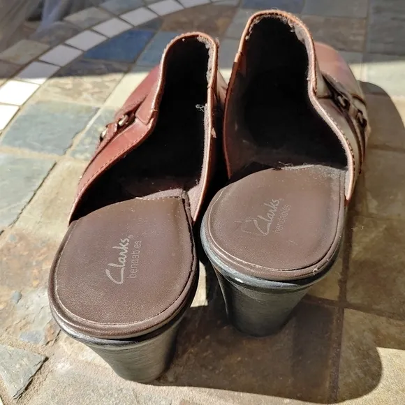 CLARK BROWN GENUINE LEATHER SLIDES MULES SHOES SIZE 12 3.5&quot; Heel