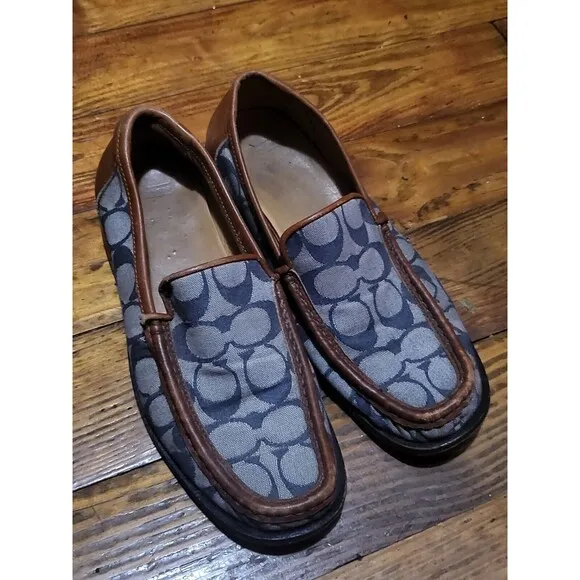 Coach Driving Shoes Signature Vale Blue Grey Jacquard Loafers Women 5.5