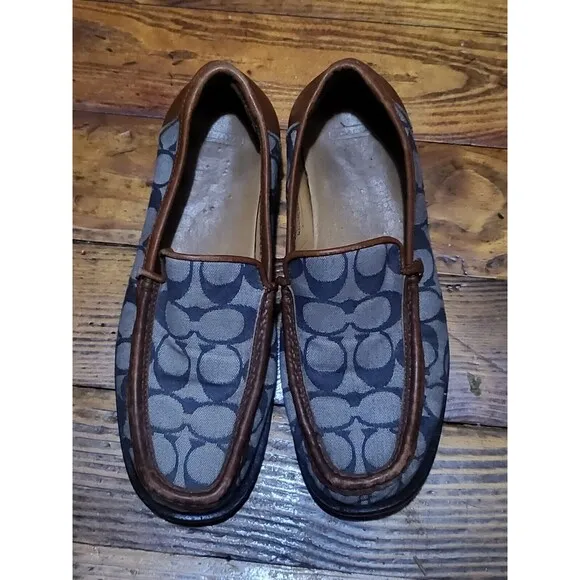 Coach Driving Shoes Signature Vale Blue Grey Jacquard Loafers Women 5.5