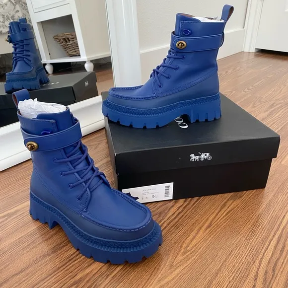 Coach Leather Lug Style Boots with Gold Turnlock Closure in Sapphire Blue 6