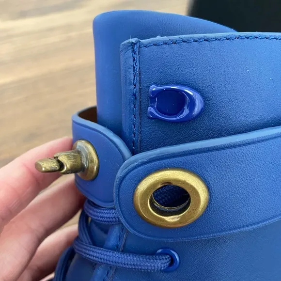 Coach Leather Lug Style Boots with Gold Turnlock Closure in Sapphire Blue 6